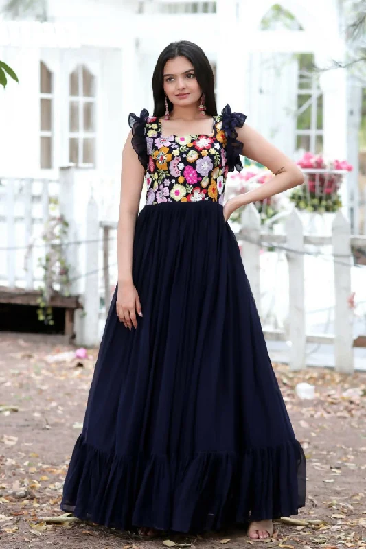 Jyoti Fashion Women's Navy Blue Sequins Thread Embroidery Faux Blooming Anarkali Dress Tunics Recommended stylist Jyoti Fashion Women's Navy Blue Sequins Thread Embroidery Faux Blooming Anarkali Dress Tunics Recommended stylist