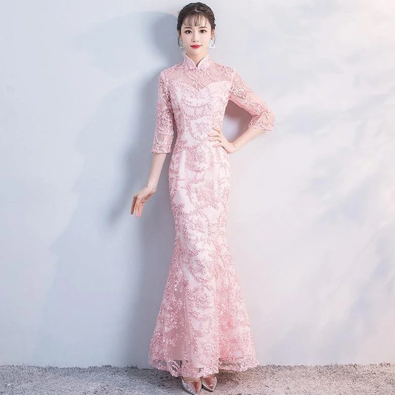 3/4 Sleeve Cheongsam Top Mermaid Evening Dress with Floral Appliques Tunics Practical durable
