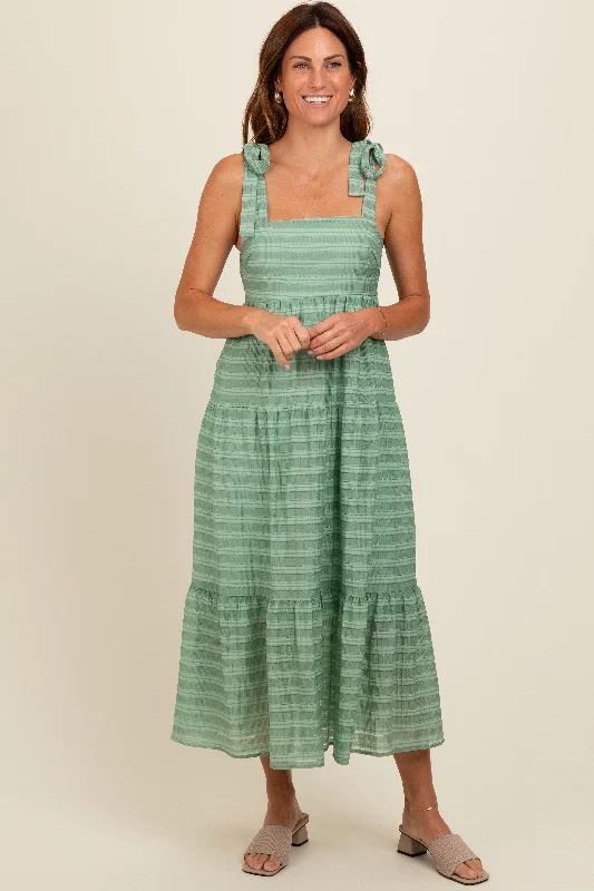 Light Olive Gingham Shoulder Tie Dress Cowl Neckline Elegant