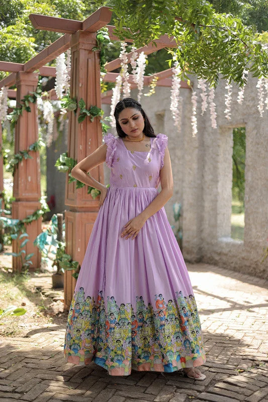 Jyoti Fashion Women's Purple Dola Silk Printed Festive Designer Anarkali Dress Tunics Winter warm