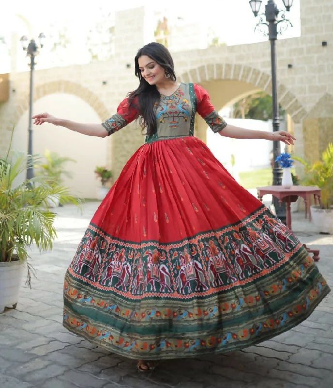 Jyoti Fashion Women's Red Patola with Foil Print Dola Silk Anarkali Dress Tunics Plaid country Jyoti Fashion Women's Red Patola with Foil Print Dola Silk Anarkali Dress Tunics Plaid country