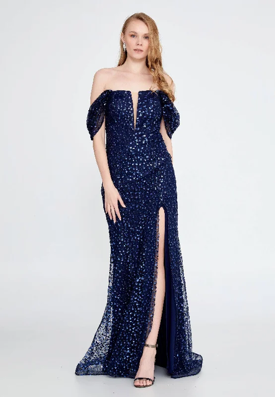 Off Shoulder Maxi Sequin Mermaid Regular Navy Evening Dress - Navy Tunics Stylish elegant Off Shoulder Maxi Sequin Mermaid Regular Navy Evening Dress - Navy Tunics Stylish elegant