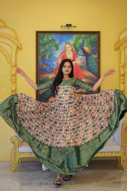 Jyoti Fashion Women's Green Soft Silk Patola Print with Jacquard Weaving Work Anarkali Dress Turtleneck Warm Winter Jyoti Fashion Women's Green Soft Silk Patola Print with Jacquard Weaving Work Anarkali Dress Turtleneck Warm Winter