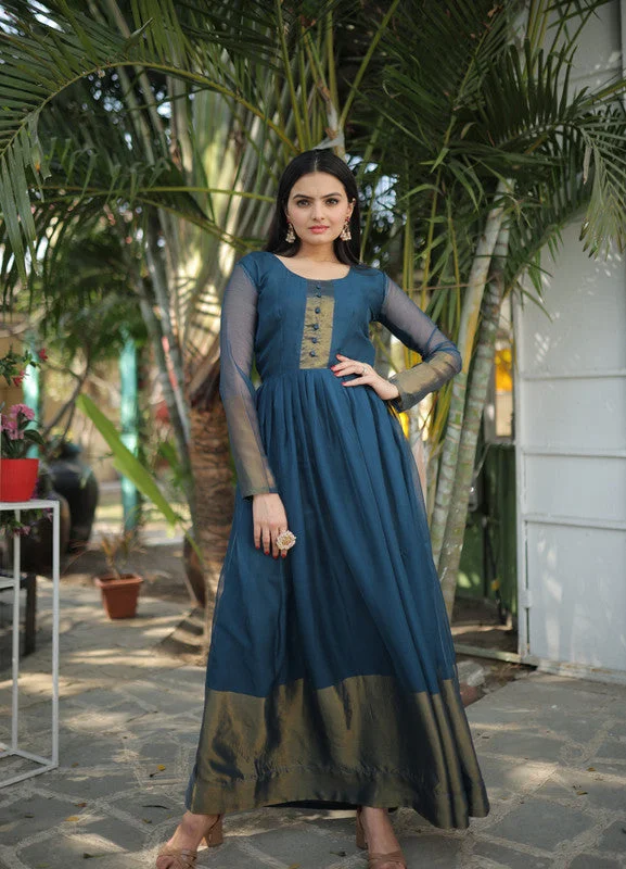 Jyoti Fashion Women's Blue Chiffon Zari Woven Festive Anarkali Dress Tunics Prom sequined