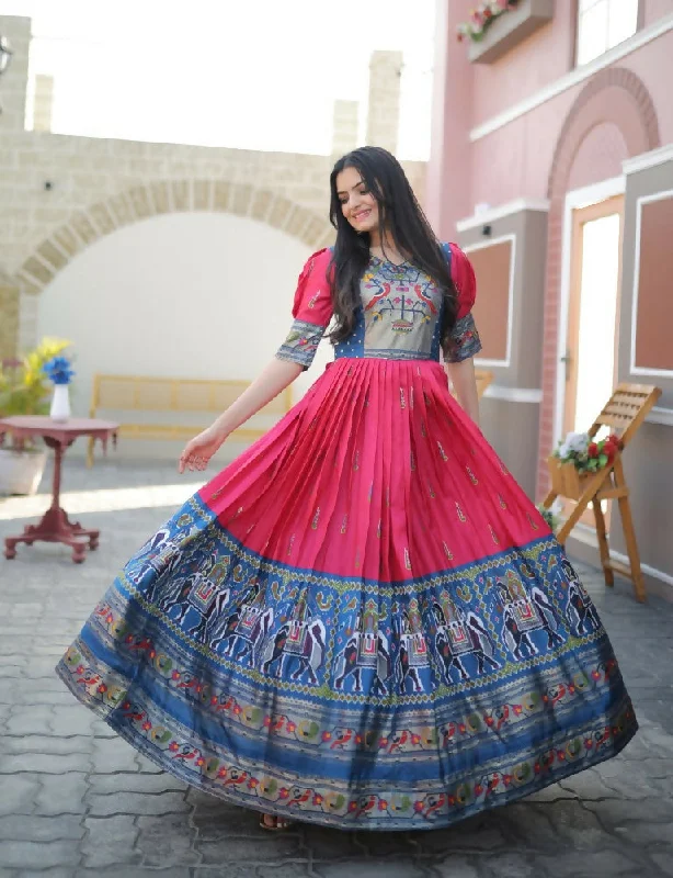 Jyoti Fashion Women's Rani Pink Patola with Foil Print Dola Silk Anarkali Dress Tunic Top Casual Jyoti Fashion Women's Rani Pink Patola with Foil Print Dola Silk Anarkali Dress Tunic Top Casual