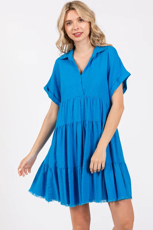 Royal Blue Tiered Linen Dress Square Neckline Feminine