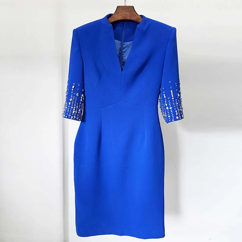 Half-Sleeves V-Neck Knee-Length Cocktail Dress Tailored Collarless Formal Dress Tunics Office stylish