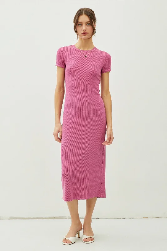 Magenta Rib Knit Back Slit Dress Tunics Corduroy durable