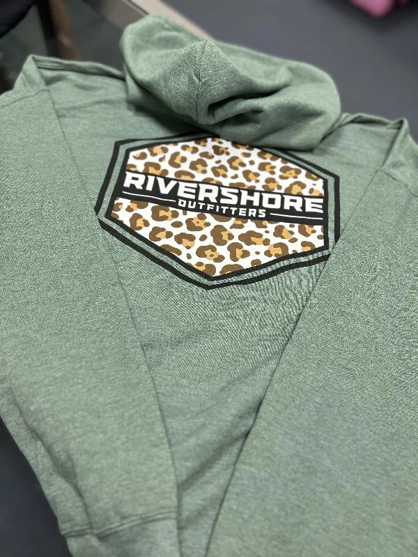 RSO Leopard Hoodie, Heather Green Hoodie with Distressed Vintage Worn