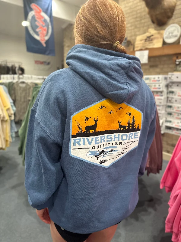 Rivershore Logo Hooded Sweatshirt, Indigo Blue Hoodie with Half-Zip Sporty Casual