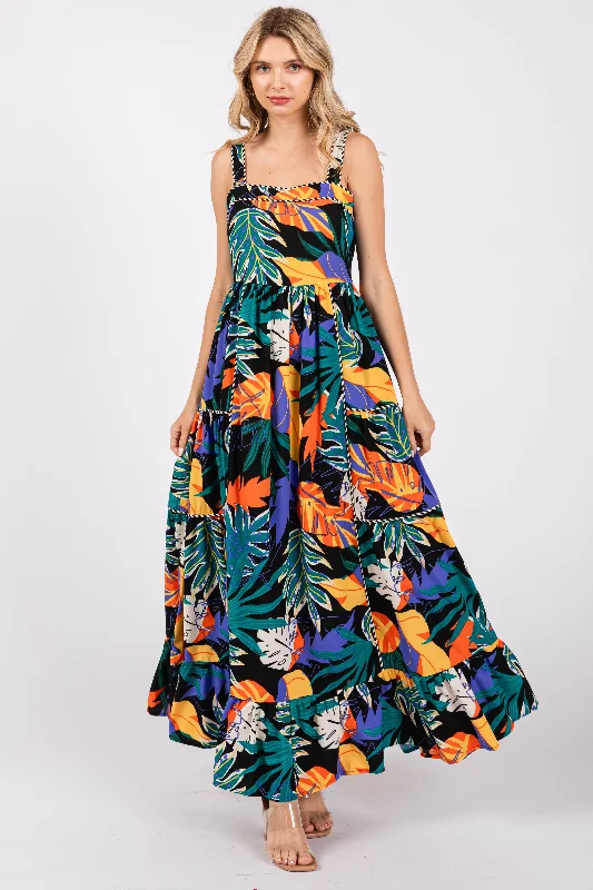 Black Leaf Print Tiered Dress Tunics Sophisticated sleek