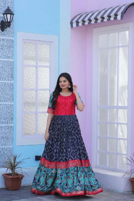 Jyoti Fashion Women's Navy Blue Patola with Foil Print Dola Silk Anarkali Dress Tunics Sophisticated sleek Jyoti Fashion Women's Navy Blue Patola with Foil Print Dola Silk Anarkali Dress Tunics Sophisticated sleek