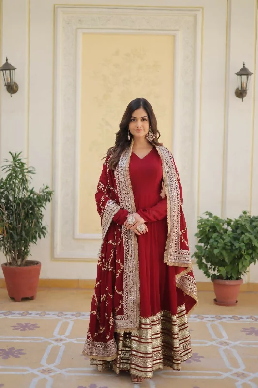 Jyoti Fashion Women's Maroon Faux Blooming Sequins Zari Embroideredy Anarkali Dress with Dupatta Tunics Brand named Jyoti Fashion Women's Maroon Faux Blooming Sequins Zari Embroideredy Anarkali Dress with Dupatta Tunics Brand named