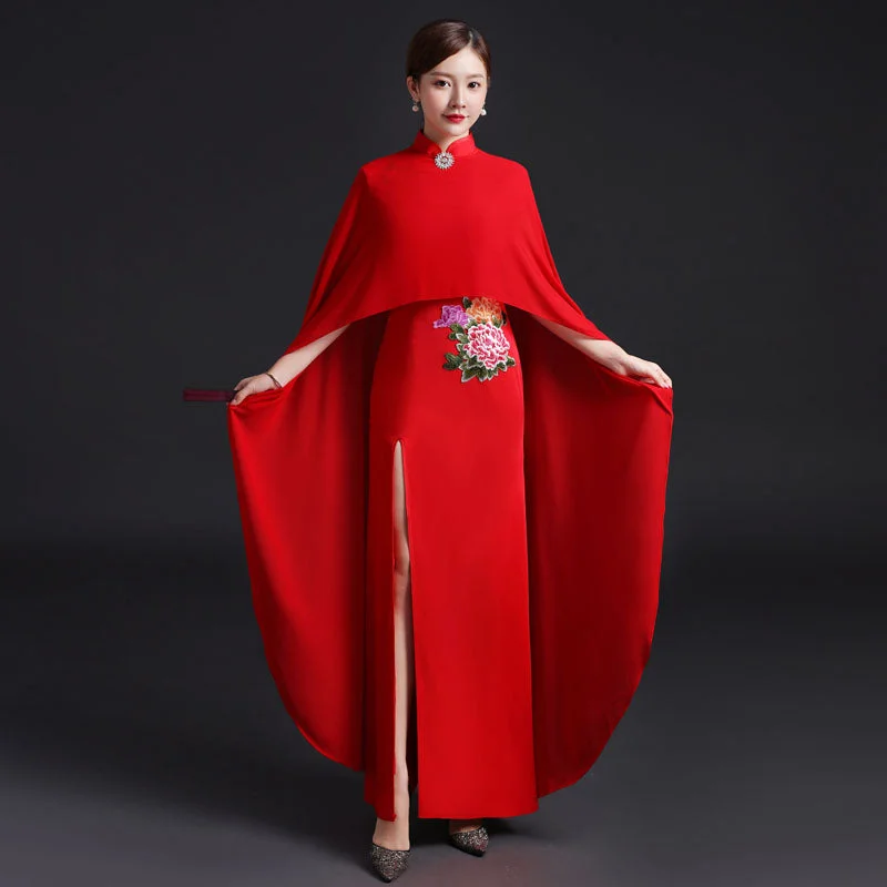 Floral Embroidery Cheongsam Top Mermaid Chinese Evening Dress with Cape Tunics Sophisticated sleek