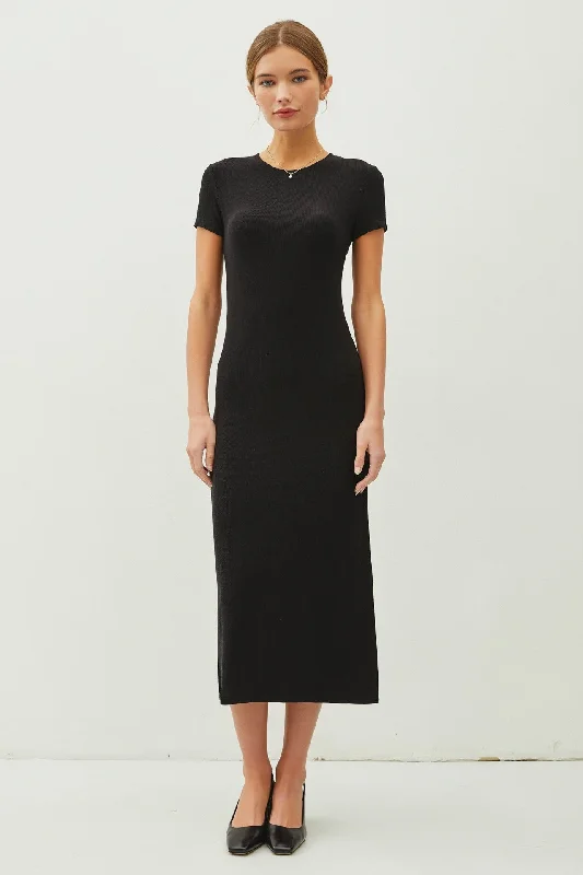 Black Rib Knit Back Slit Dress Tunics Silk luxurious