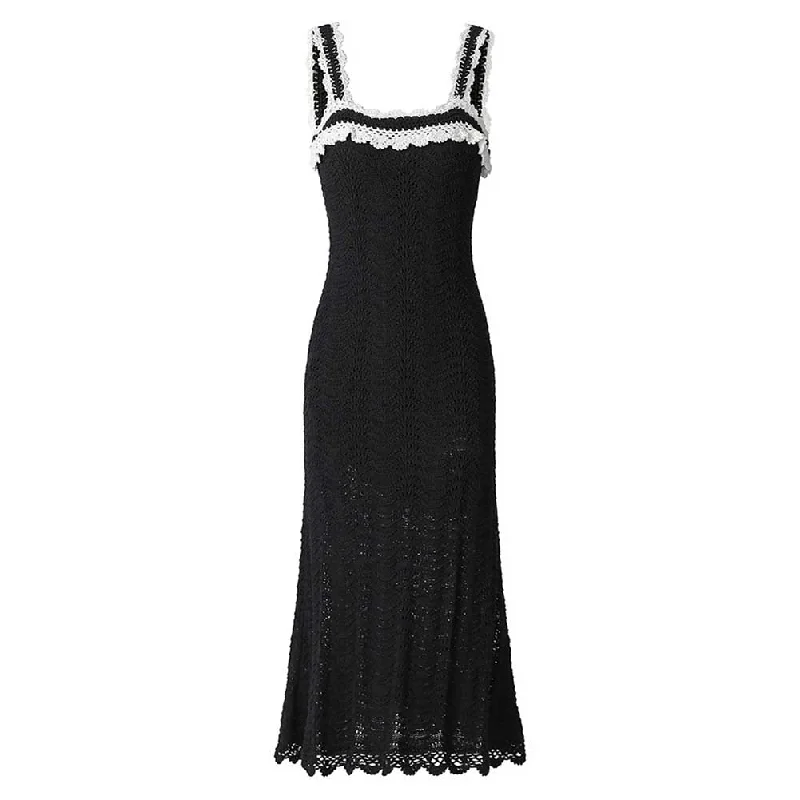 Square Neck Midi Black Dress Body-Con Slim Fit Chic A-Line Cocktail Dress Tunics Long Elegant