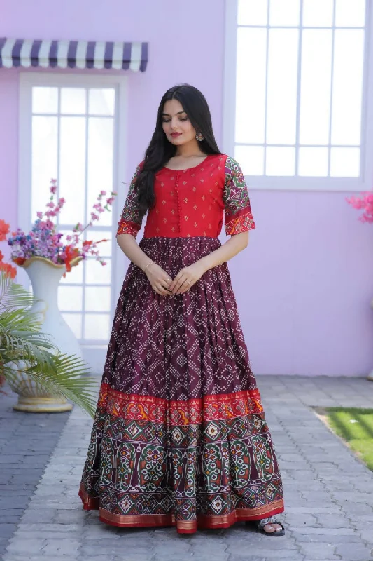 Jyoti Fashion Women's Wine Patola with Foil Print Dola Silk Anarkali Dress Tunics Office stylish Jyoti Fashion Women's Wine Patola with Foil Print Dola Silk Anarkali Dress Tunics Office stylish