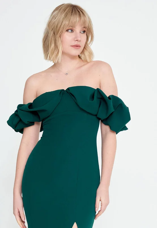 Off-Shoulder Maxi Crepe Mermaid Wedding Guest Dress with Slit - Green Cowl Neckline Elegant Off-Shoulder Maxi Crepe Mermaid Wedding Guest Dress with Slit - Green Cowl Neckline Elegant