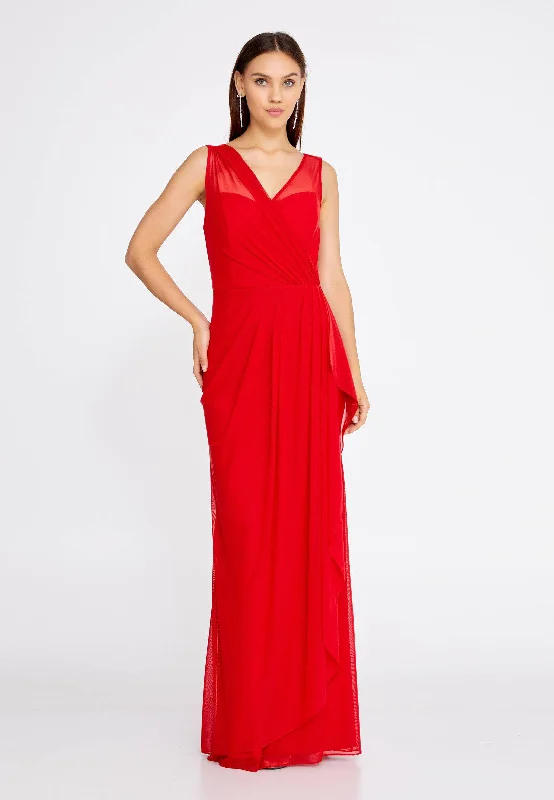 Chiffon Wrap Column Long Dress - Red Boatneck Modish Everyday
