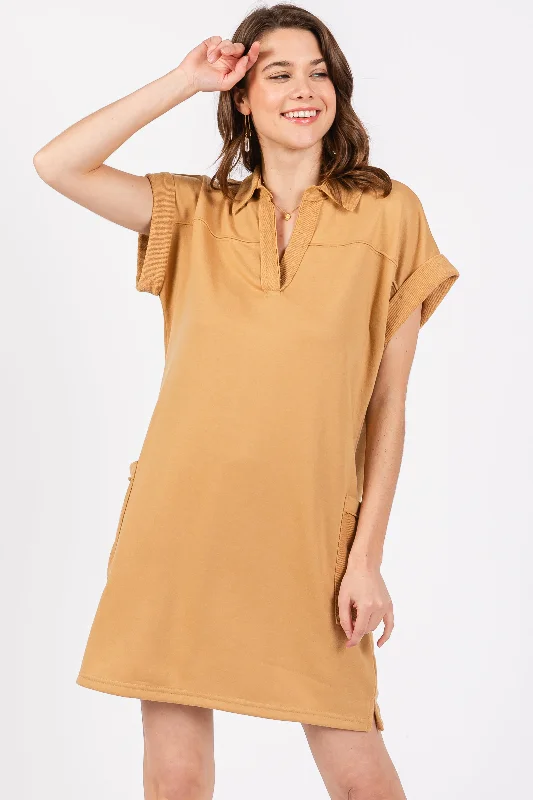 Mustard Terry Cuff Sleeve Pocketed Collared Dress Shift Classic Vintage