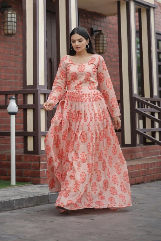 Jyoti Fashion Women's Peach Heavy Digital Printed Pure Chanderi Anarkali Dress Maxi Flowy Bohemian Jyoti Fashion Women's Peach Heavy Digital Printed Pure Chanderi Anarkali Dress Maxi Flowy Bohemian