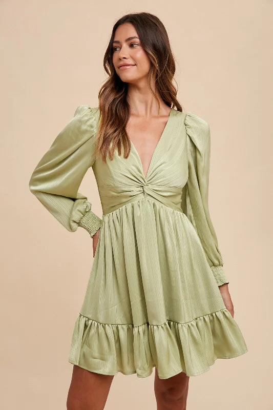 Mint Green Striped Satin Twist Front Dress Tunics Leisure comfortable