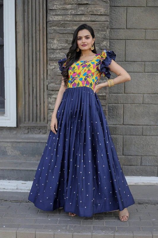 Jyoti Fashion Women's Blue Maslin with Chinon Embroidered Partwear Anarkali Dress Tunics Business professional