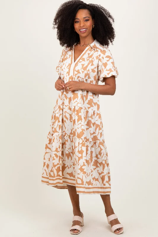 Mocha Botanical Print A Line Tiered Dress Tunics Timeless classic