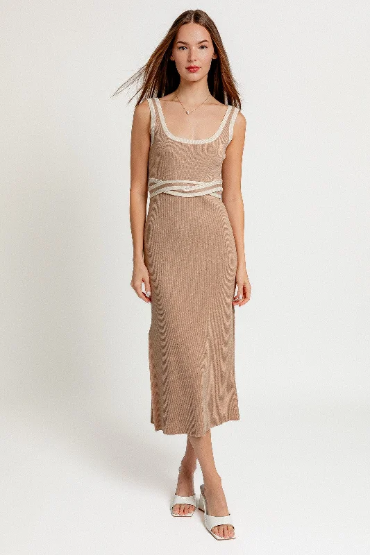 Taupe Ribbed Square Neck Side Slit Dress Tunics Occasion special