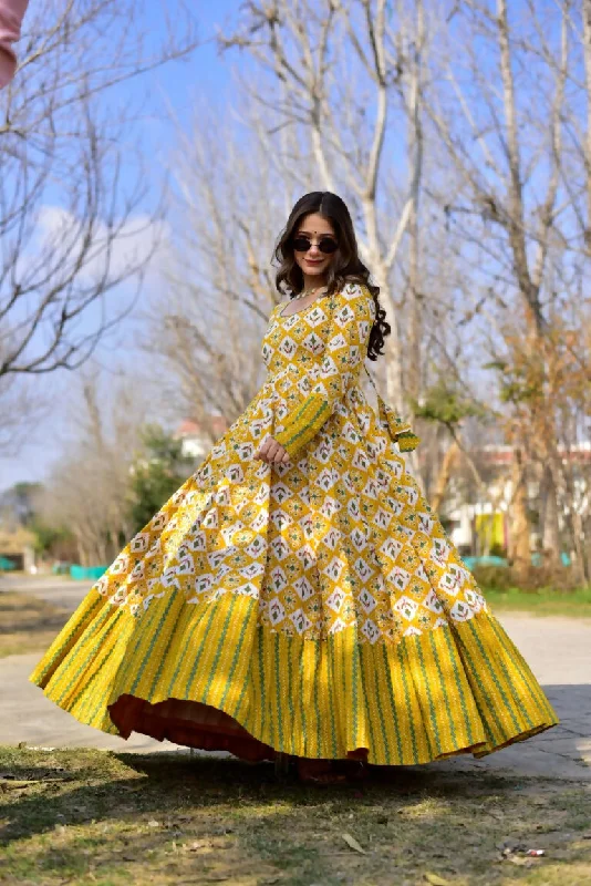 Jyoti Fashion Women's Mustard Heavy Digital Printed Cotton Silk Anarkali Dress Tunics Trendy modern