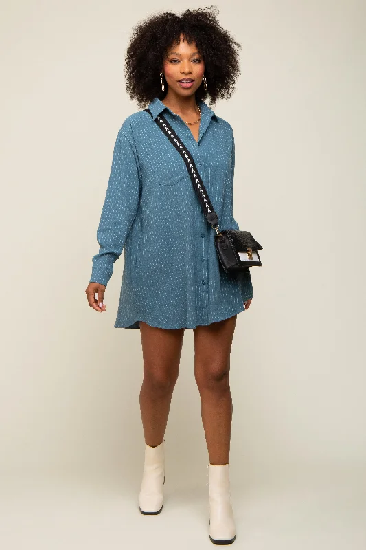 Teal Pinstriped Button-Down Linen Dress Tunics Chic fashionable