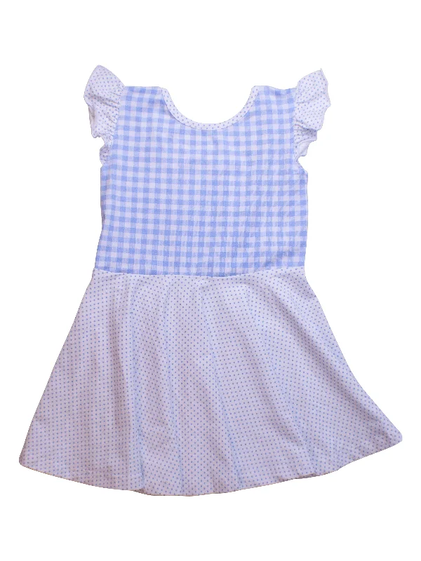 Girls Blue Check Twirl Dress Crew Neckline Sporty