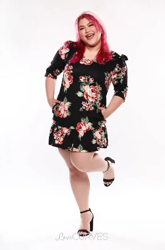 Drop Waist Ruffle Dress -Black Blossoms - KDR Tunics Velvet soft