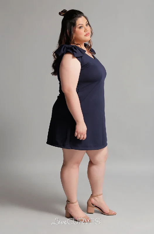 Shoulder Bow Shift Dress - Navy Blue Cowl Neckline Elegant