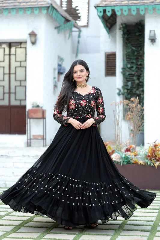 Jyoti Fashion Women's Black Faux Blooming Sequins with Multi Thread Embroidered Anarkali Dress Tunics Fall fleece