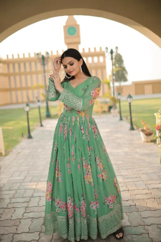 Jyoti Fashion Women's Green Digital Print with Sequence Zari Embroidered Faux Georgette Anarkali Dress Tunics Fleece cozy Jyoti Fashion Women's Green Digital Print with Sequence Zari Embroidered Faux Georgette Anarkali Dress Tunics Fleece cozy