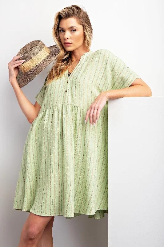 Mint Green Striped Button Front Dress Tunics Summer linen