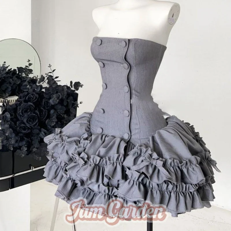 POSHEPOSE Grey Sheath Princess Dress Floral Print girly