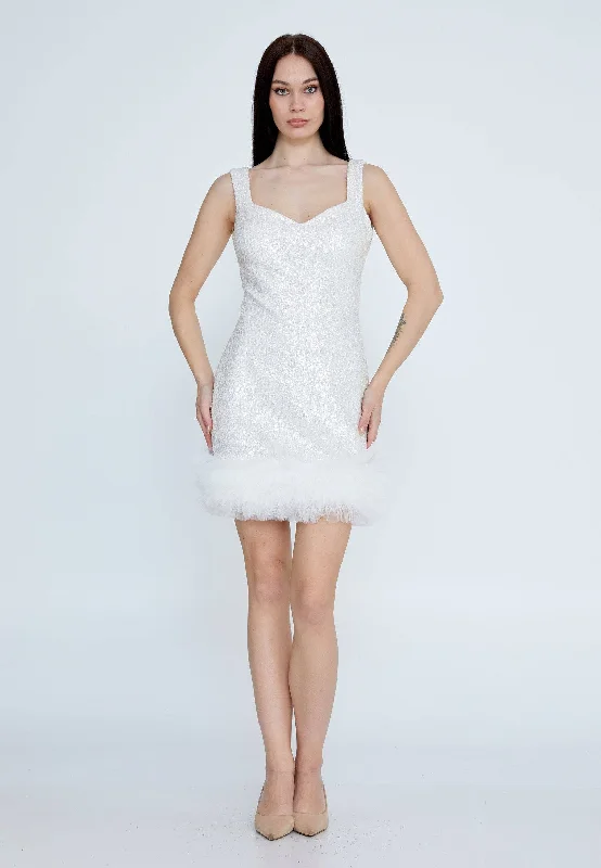 Sleeveless Mini Sequin Column Regular Ecru Cocktail Dress - White Turtleneck Neckline Stylish