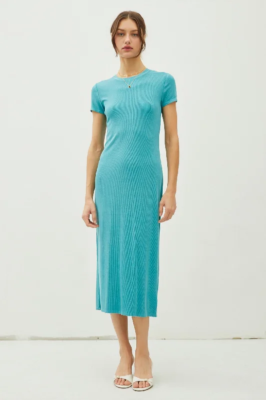 Turquoise Rib Knit Back Slit Dress Tunics Fleece cozy