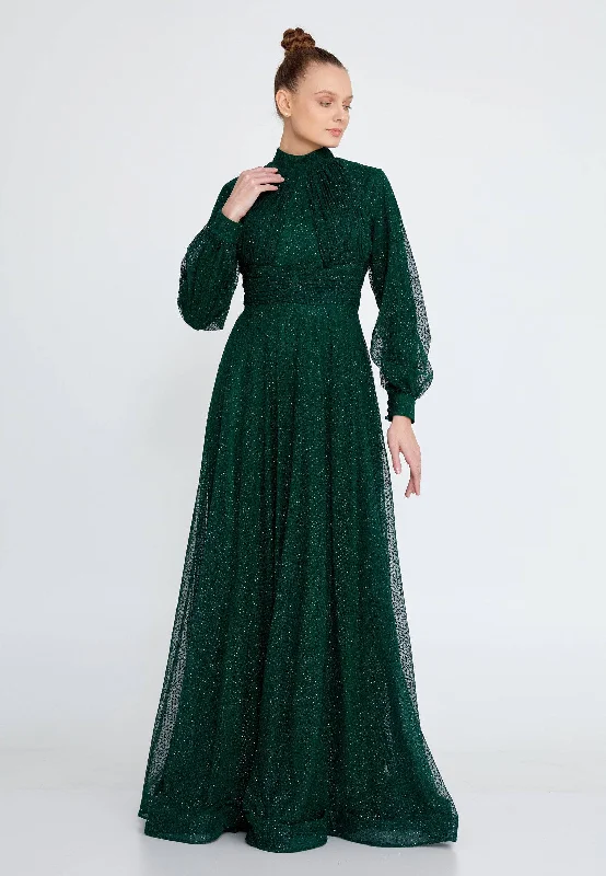 Modest Long Sleeve Chiffon Glitter Long Dress - Emerald Crew Neckline Sporty
