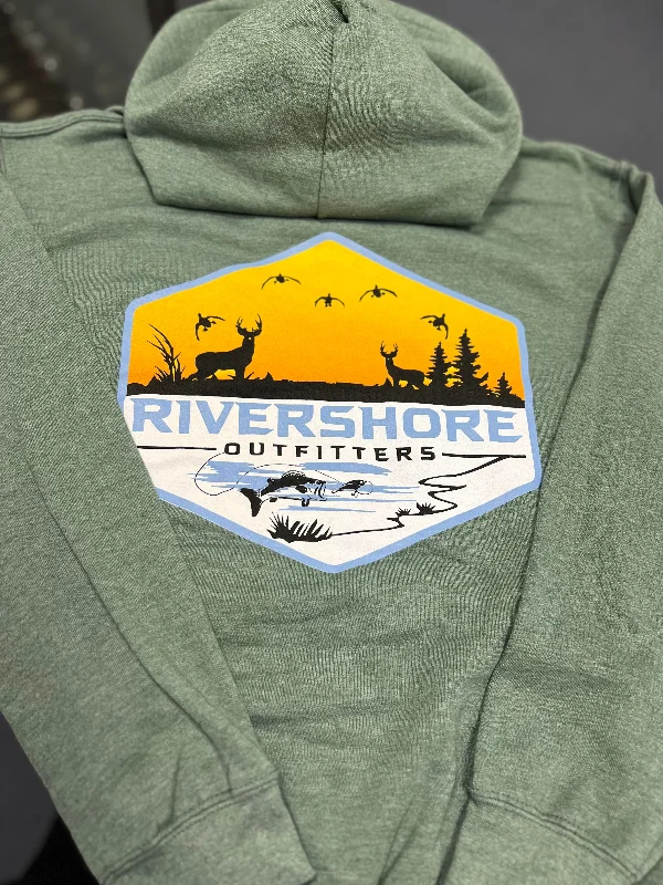 RSO Logo Hooded Sweatshirt, Heather Green Hoodie with Drop Shoulder Relaxed Streetwear