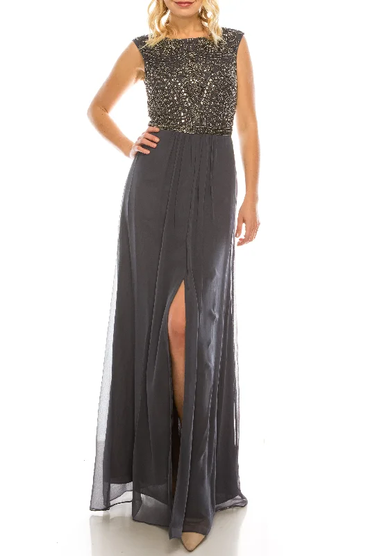Aidan Mattox Gunmetal Beaded Long A-line Eveniing Dress Tunics Travel practical