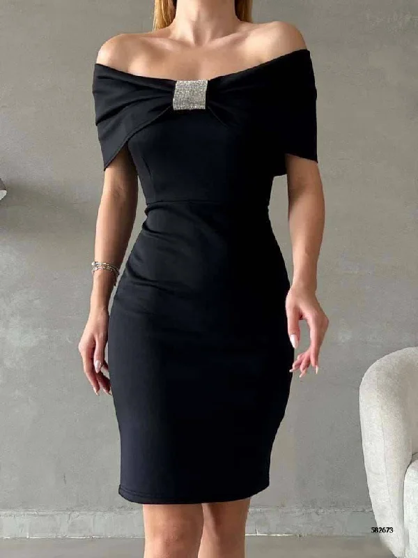 Big Bow Off-Shoulder Pencil Dress - Black Tunics Party sparkling