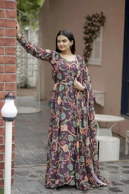 Jyoti Fashion Women's Coffee Faux Georgette Floral Digital Printed Anarkali Dress with Dupatta Tunics Stylish elegant