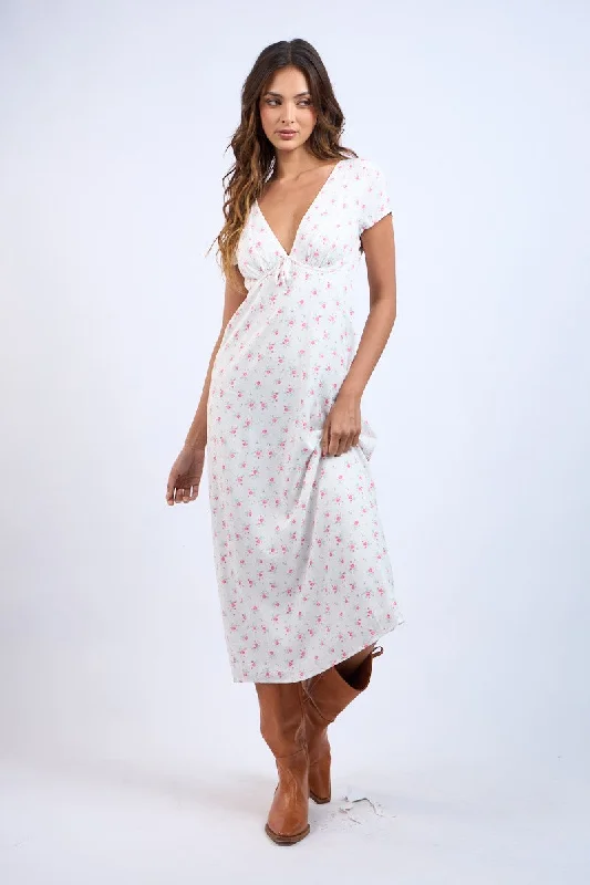 Pink Floral Pattern V-Neck Short Sleeve Long Dress Tunics Brand named