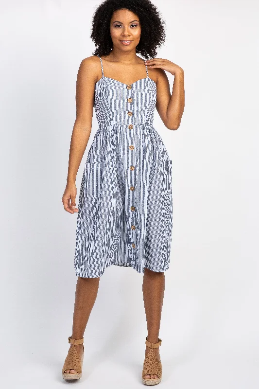 Navy Striped Sweetheart Button Front Dress Tunics Travel practical