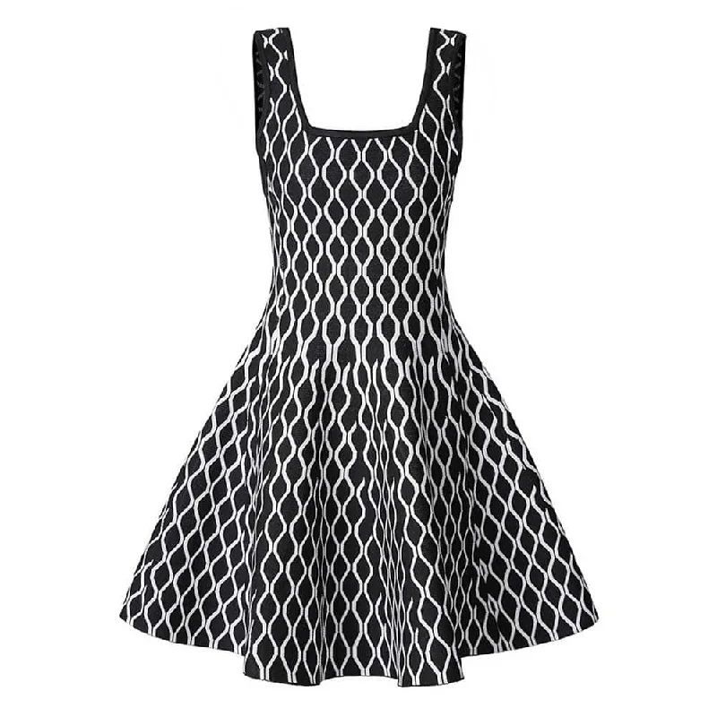 Knitted Mini Little Two-Tone Dress Square-Neck Sleeveless Slim Fit Short A-Line Dress Tunics stripes playful