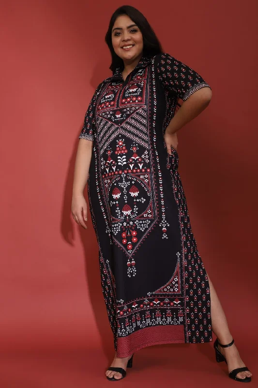 Raabta Indian Ethnic Print Black Long Dress With Side Slit Tunics Travel practical