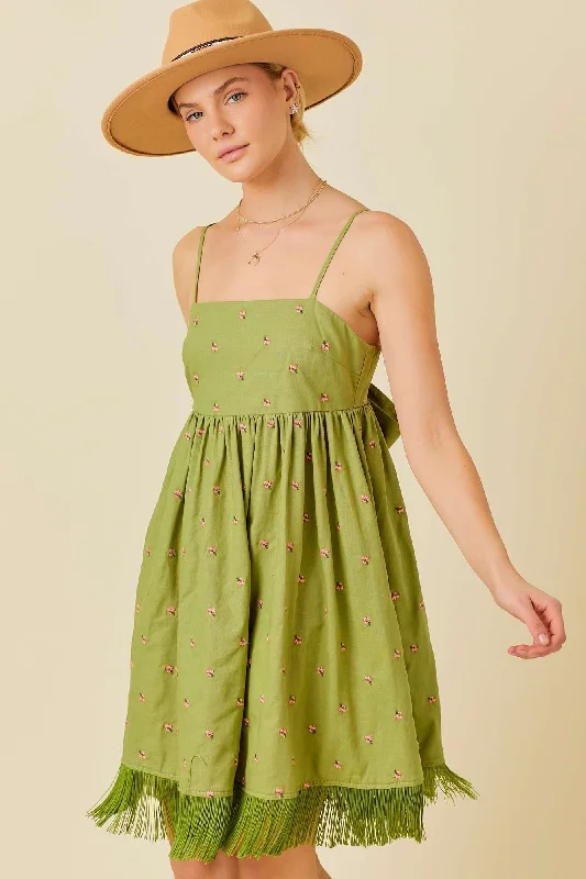 Green Floral Embroidered Back Cutout Tassel Fringe Dress Tunics Floral girly